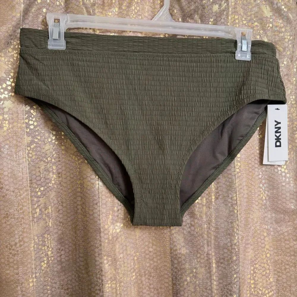 DKNY Moss Olive Textured High Waisted Swim Bikini Bottoms Large NWT